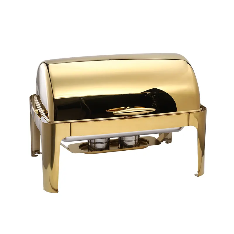 9QT gilded golden rectangle roll top cover stainless steel buffet chafing dish