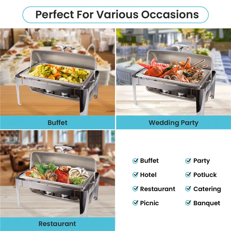 9QT rectangle roll top cover stainless steel buffet chafing dish (9)