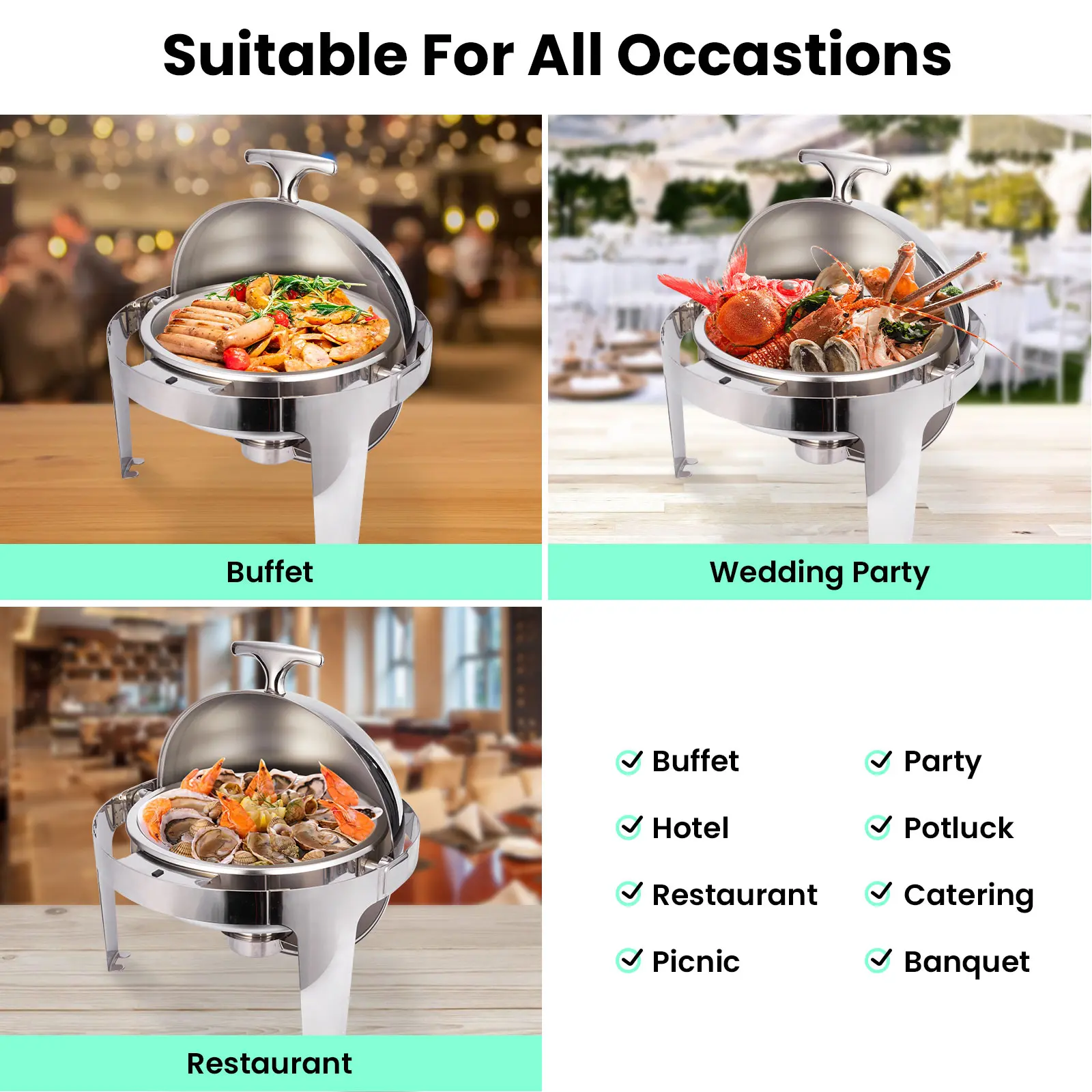 6QT round roll top cover stainless steel hotel buffet chafing dish (14)