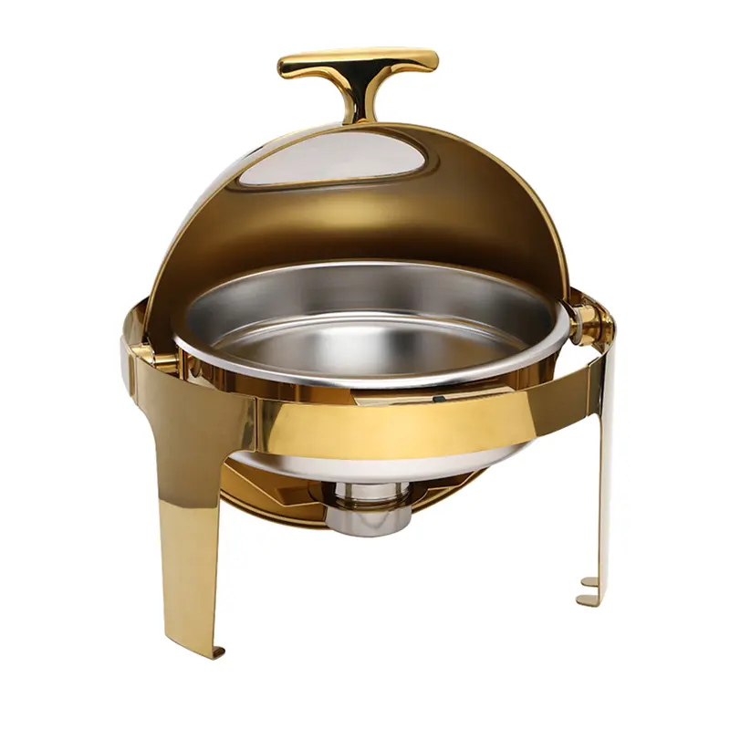6QT gild gold plated round roll top visible cover stainless steel buffet chafing dish with window (3)
